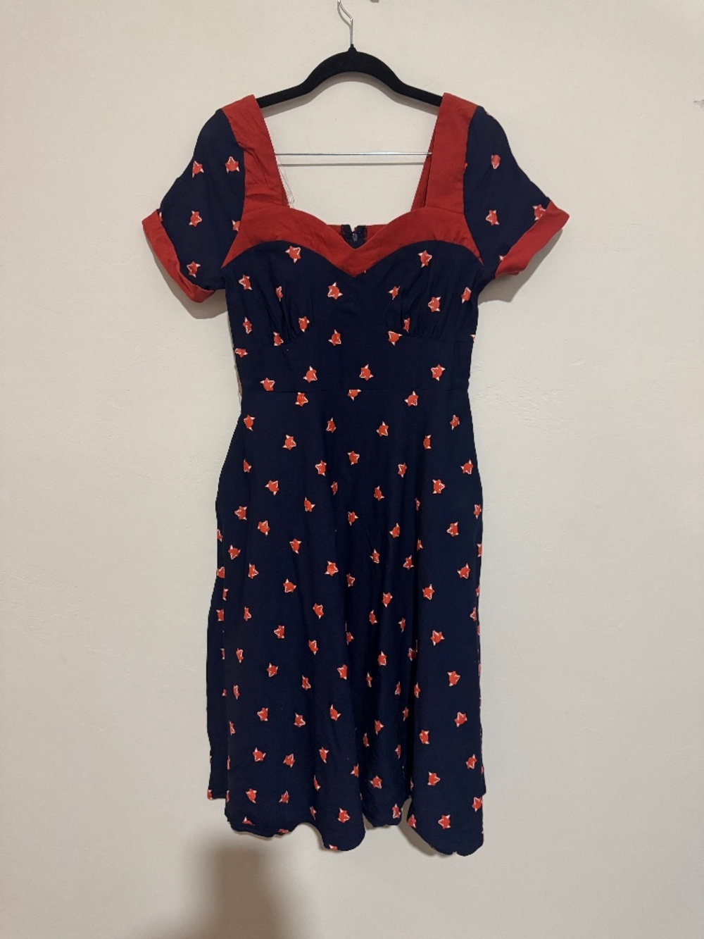 Unique Vintage Fox Print Sweetheart Swing Dress Navy & Red Size M